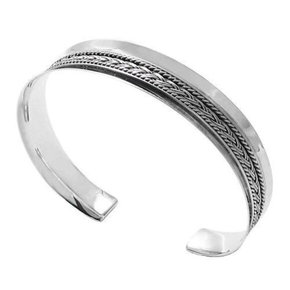 GORGEOUS STERLING SILVER CONCAVE BRAID & ROPE 7" CUFF BANGLE BRACELET - Picture 1 of 2